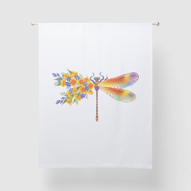 Yellow Flower Dragonfly Sheer Curtains (Front)