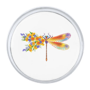 Yellow Flower Dragonfly Silver Finish Lapel Pin