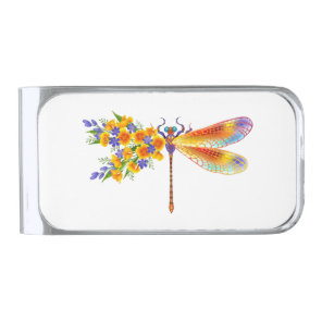 Yellow Flower Dragonfly Silver Finish Money Clip