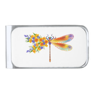 Yellow Flower Dragonfly Silver Finish Money Clip