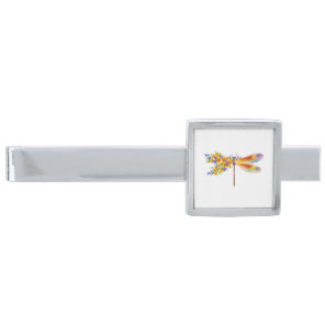 Yellow Flower Dragonfly Silver Finish Tie Bar