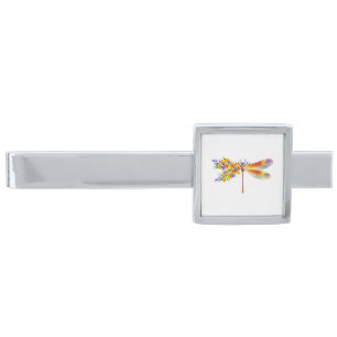 Yellow Flower Dragonfly Silver Finish Tie Bar