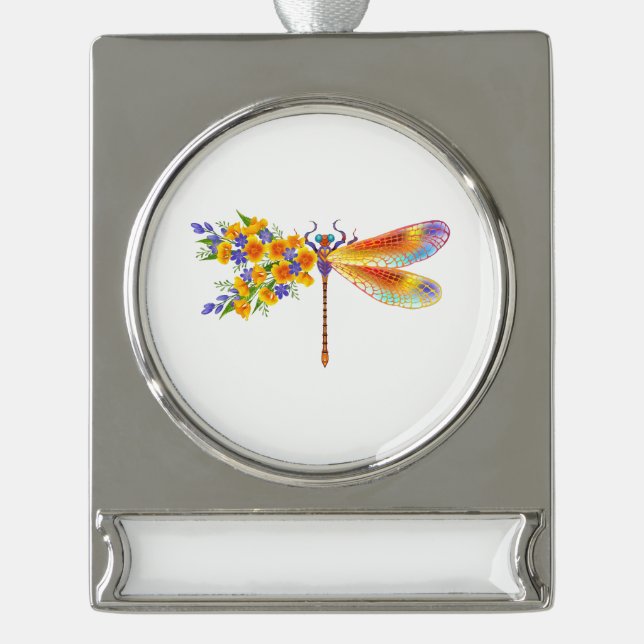 Yellow Flower Dragonfly Silver Plated Banner Ornament (Front)