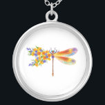Yellow Flower Dragonfly Silver Plated Necklace<br><div class="desc">Artistically painted,  floral dragonfly in contrasting orange and purple with yellow,  bright,  blooming California poppy and blue wildflowers on white background.</div>