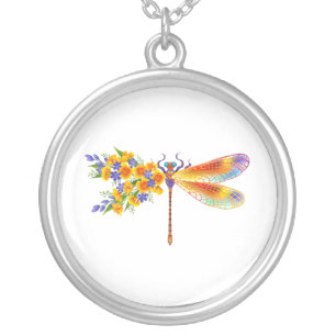Yellow Flower Dragonfly Silver Plated Necklace
