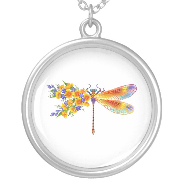 Yellow Flower Dragonfly Silver Plated Necklace (Front)