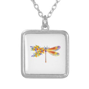 Yellow Flower Dragonfly Silver Plated Necklace
