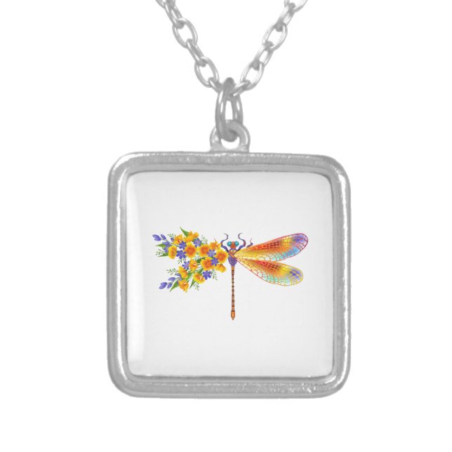 Yellow Flower Dragonfly Silver Plated Necklace (Front)