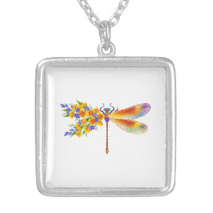 Yellow Flower Dragonfly Silver Plated Necklace