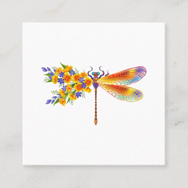 Yellow Flower Dragonfly Square Business Card (Front)