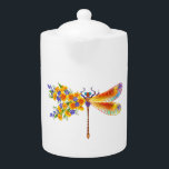 Yellow Flower Dragonfly Teapot<br><div class="desc">Artistically painted, floral dragonfly in contrasting orange and purple with yellow, bright, blooming California poppy and blue wildflowers on white background.</div>