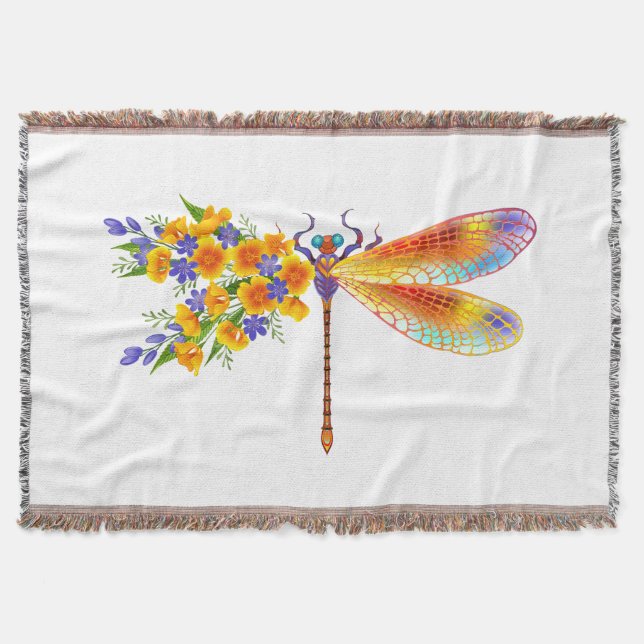 Yellow Flower Dragonfly Throw Blanket (Front)