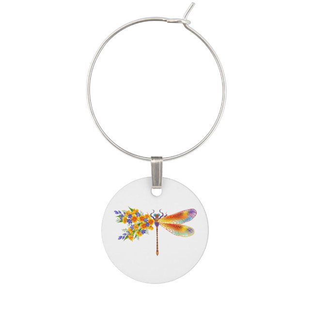 Yellow Flower Dragonfly Wine Charm (Front)