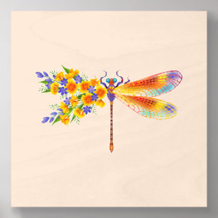 Yellow Flower Dragonfly Wood Photo Tile