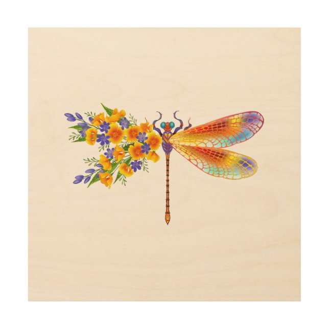 Yellow Flower Dragonfly Wood Wall Art (Front)