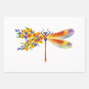 Yellow Flower Dragonfly Wrapping Paper Sheets