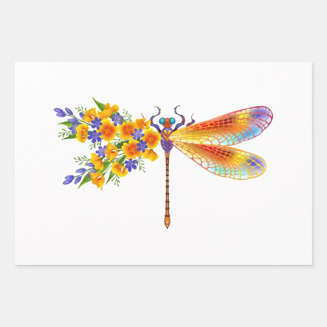 Yellow Flower Dragonfly Wrapping Paper Sheets (Front)