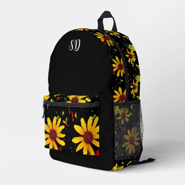 Yellow Flower Floral Monogram  Printed Backpack (Back Corner Right)