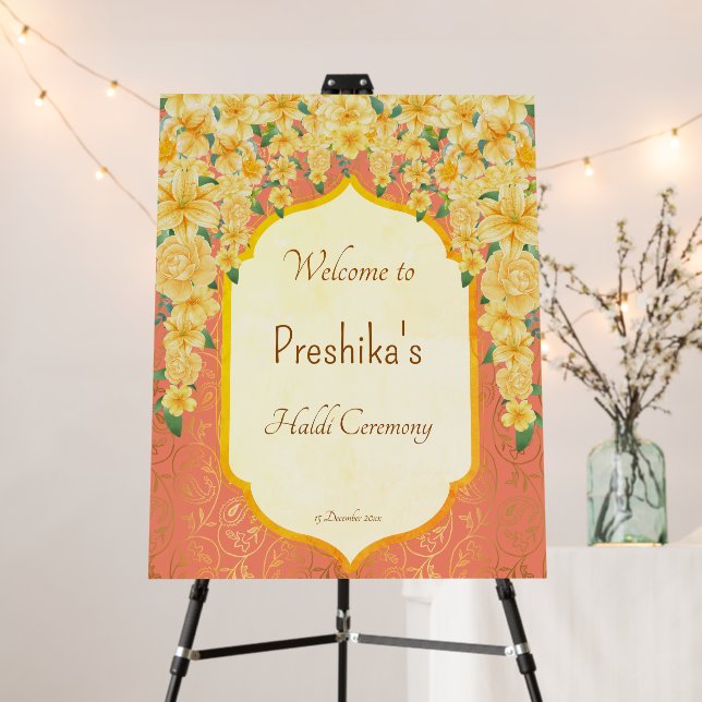 Yellow flower garlands haldi welcome sign  (In Situ (Stand))