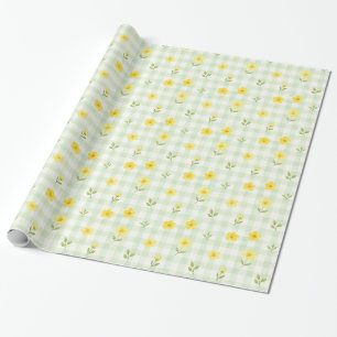 Yellow Flower Green Gingham Watercolor Gift Wrap