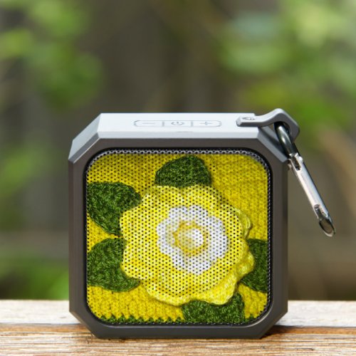 Yellow Flower Green Leaves Artisan Crochet Print  Bluetooth Speaker