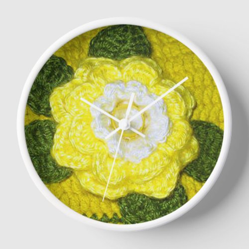 Yellow Flower Green Leaves Artisan Crochet  Print Clock
