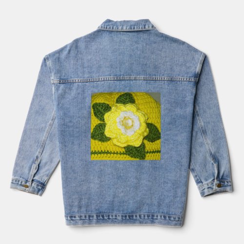 Yellow Flower Green Leaves Artisan Crochet Print   Denim Jacket
