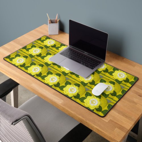 Yellow Flower Green Leaves Artisan Crochet Print Desk Mat