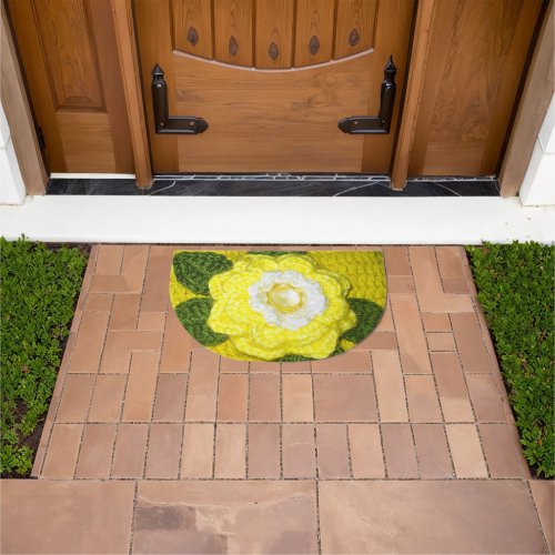 Yellow Flower Green Leaves Artisan Crochet Print Doormat