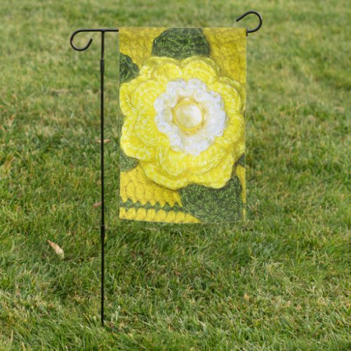 Yellow Flower Green Leaves Artisan Crochet Print  Garden Flag