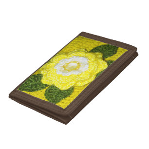 Yellow Flower Green Leaves Artisan Crochet Print Tri-fold Wallet