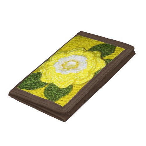 Yellow Flower Green Leaves Artisan Crochet Print Trifold Wallet