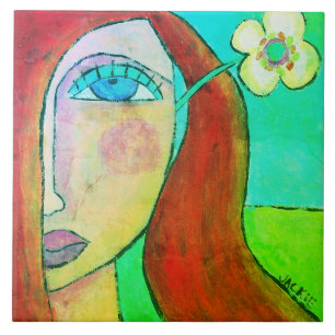Yellow Flower in Her Hair Abstract Portrait  Ceramic Tile