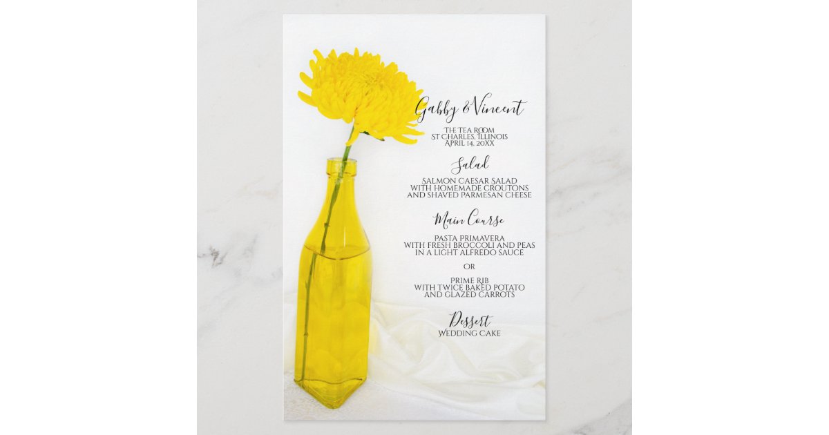 Yellow Flower in Vase Wedding Menu Zazzle
