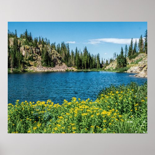 Yellow Flower Lake  Mountain Landscape Poster