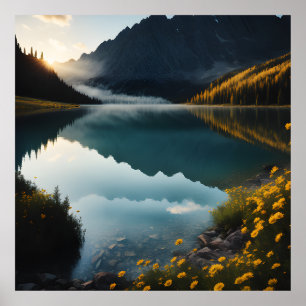  Yellow Flower Lake Mountain Landscape Poster