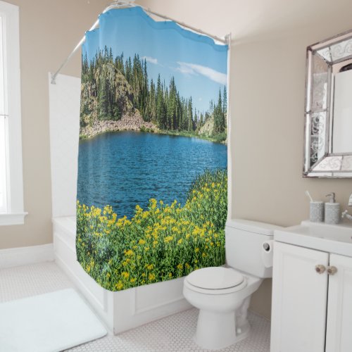 Yellow Flower Lake  Mountain Landscape Shower Curtain