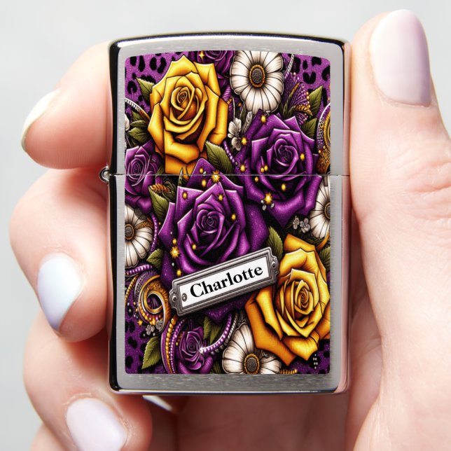 Yellow Flower Leopard Skin Drawn Tattoo Art Zippo Lighter (In Hand)