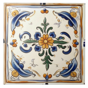 Yellow Flower Mediterranean Blue Cream Floral Ceramic Tile