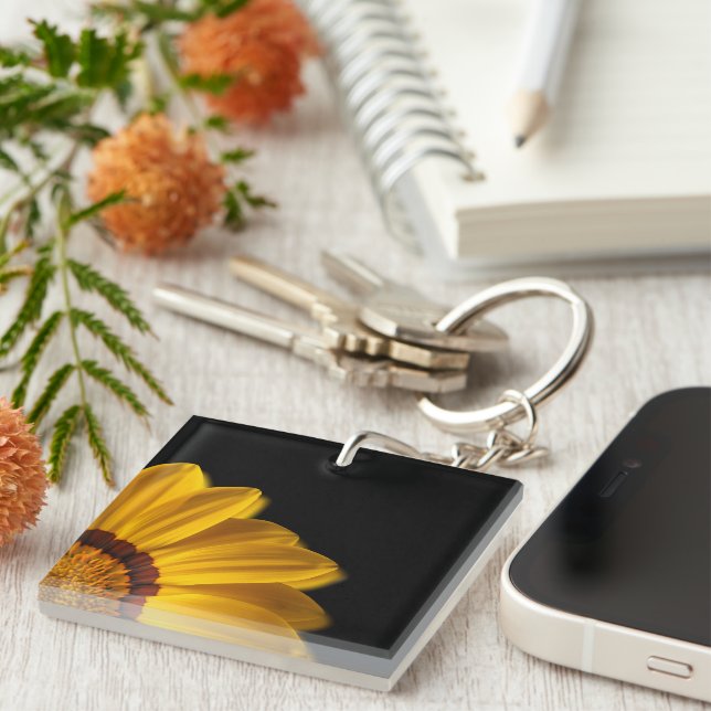 Yellow flower on  black background keychain (Front Right)