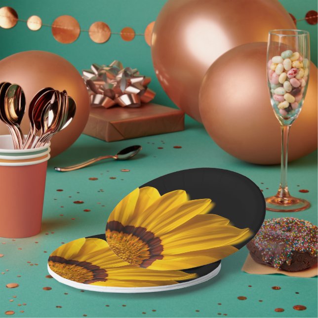 Yellow flower on  black background paper plates (Multi)