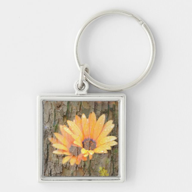 Yellow Flower on Tree Bark Keychain (Front)