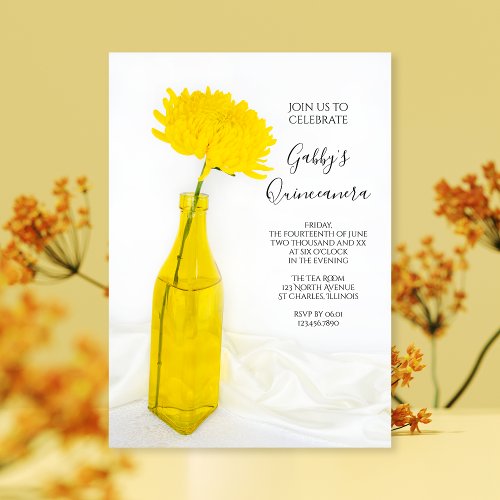 Yellow Flower on White Quinceanera Party Invitation