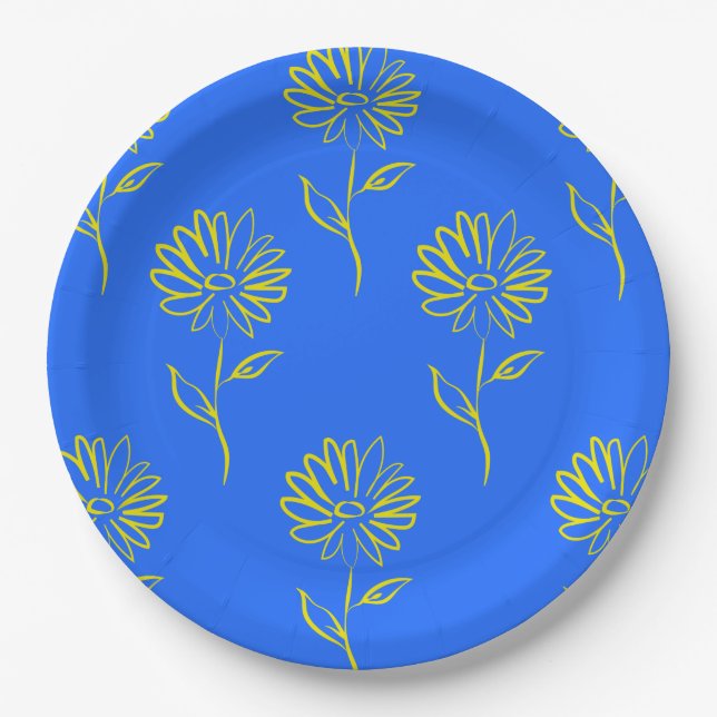 Yellow Flower Outline In A Blue Background Paper Plates (Front)