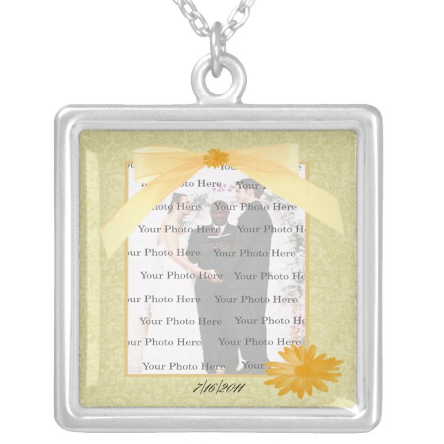 Yellow Flower Silver Square Photo Necklace (Front)