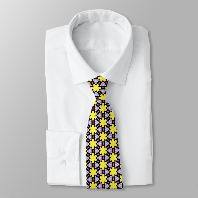 Yellow Flower Terrazzo Pattern Neck Tie (Tied)