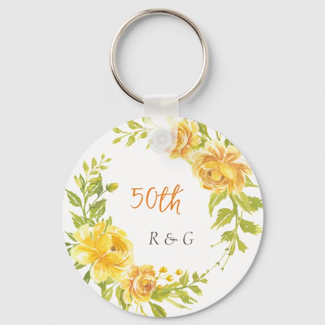 Yellow Flower Wreath 50th Wedding Monogram  Keychain (Front)