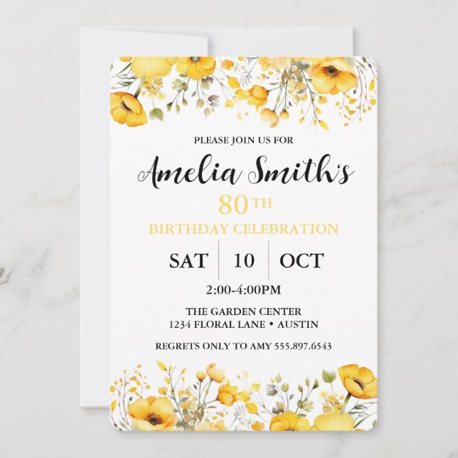 Yellow Flowers 80th Birthday Celebration Invitation (Front)