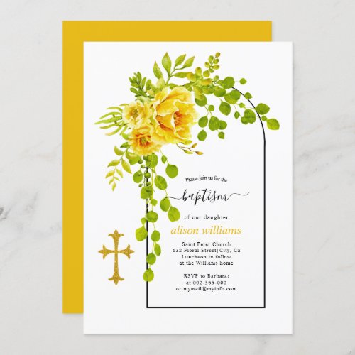 Yellow flowers and arch floral baptism invitation