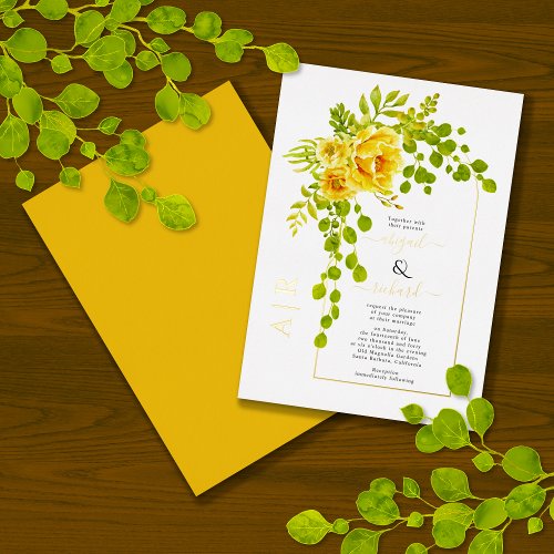  Yellow flowers and arch wedding real gold Foil Invitation